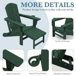 3-Level Adjustable Patio Folding Plastic Adirondack Chair With Retractable Ottoman, Cup And Phone Holders In Dark Green -More Furniture Store jearey plastic adirondack chairs clgjtjy dgn 44 1000