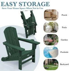 3-Level Adjustable Patio Folding Plastic Adirondack Chair With Retractable Ottoman, Cup And Phone Holders In Dark Green -More Furniture Store jearey plastic adirondack chairs clgjtjy dgn 4f 1000