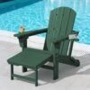 3-Level Adjustable Patio Folding Plastic Adirondack Chair With Retractable Ottoman, Cup And Phone Holders In Dark Green