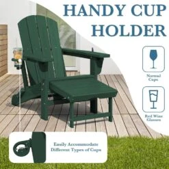 3-Level Adjustable Patio Folding Plastic Adirondack Chair With Retractable Ottoman, Cup And Phone Holders In Dark Green -More Furniture Store jearey plastic adirondack chairs clgjtjy dgn fa 1000