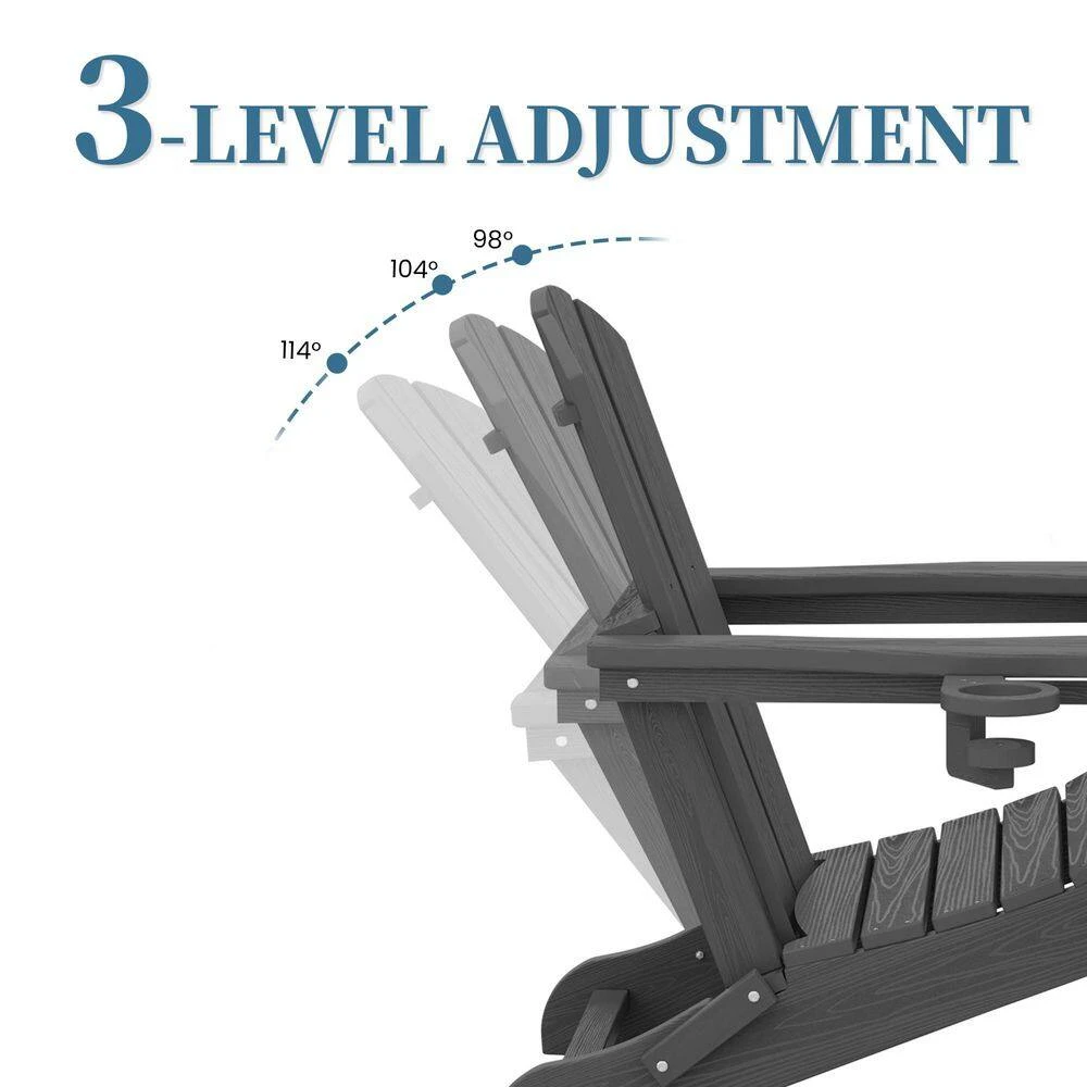 3-Level Adjustable Patio Folding Plastic Adirondack Chair With Retractable Ottoman, Cup And Phone Holders In Gray 6 3-Level Adjustable Patio Folding Plastic Adirondack Chair With Retractable Ottoman, Cup And Phone Holders In Gray - Image 6