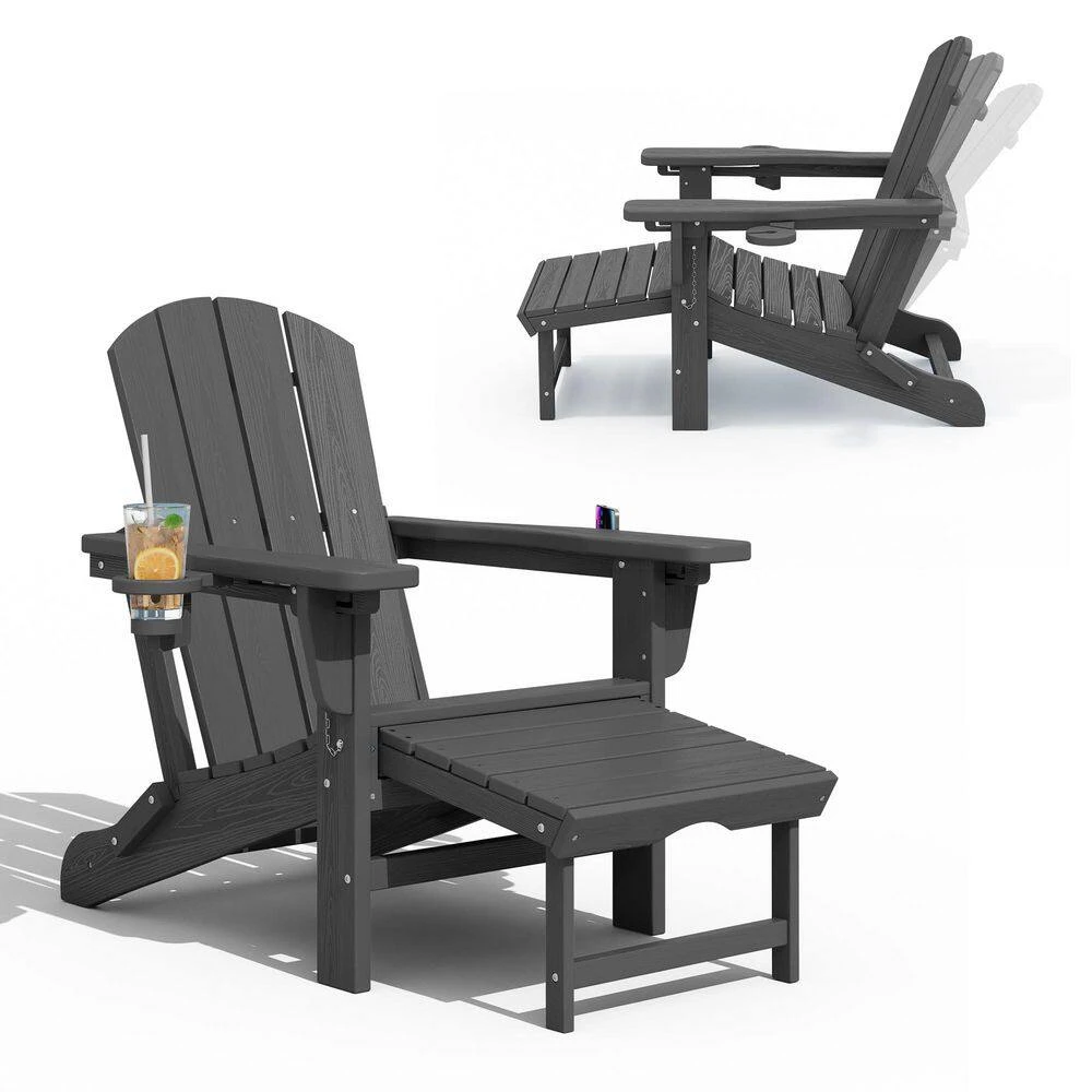 3-Level Adjustable Patio Folding Plastic Adirondack Chair With Retractable Ottoman, Cup And Phone Holders In Gray 3 3-Level Adjustable Patio Folding Plastic Adirondack Chair With Retractable Ottoman, Cup And Phone Holders In Gray - Image 3