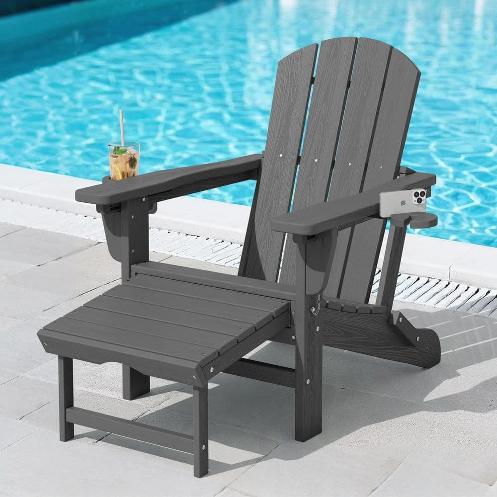 3-Level Adjustable Patio Folding Plastic Adirondack Chair With Retractable Ottoman, Cup And Phone Holders In Gray 1 3-Level Adjustable Patio Folding Plastic Adirondack Chair With Retractable Ottoman, Cup And Phone Holders In Gray