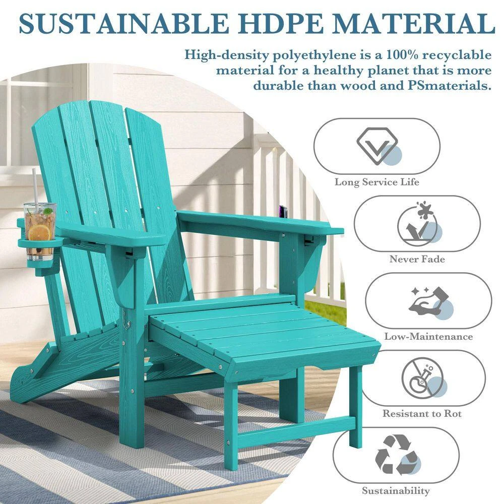 3-Level Adjustable Patio Folding Plastic Adirondack Chair With Retractable Ottoman, Cup And Phone Holders In Cyan 5 3-Level Adjustable Patio Folding Plastic Adirondack Chair With Retractable Ottoman, Cup And Phone Holders In Cyan - Image 5