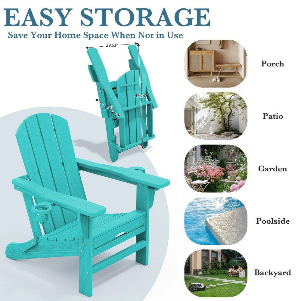 3-Level Adjustable Patio Folding Plastic Adirondack Chair With Retractable Ottoman, Cup And Phone Holders In Cyan 4 3-Level Adjustable Patio Folding Plastic Adirondack Chair With Retractable Ottoman, Cup And Phone Holders In Cyan - Image 4