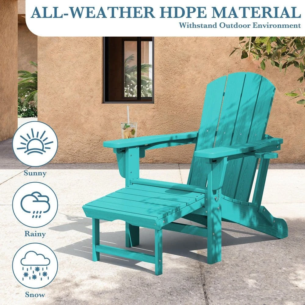 3-Level Adjustable Patio Folding Plastic Adirondack Chair With Retractable Ottoman, Cup And Phone Holders In Cyan 8 3-Level Adjustable Patio Folding Plastic Adirondack Chair With Retractable Ottoman, Cup And Phone Holders In Cyan - Image 8