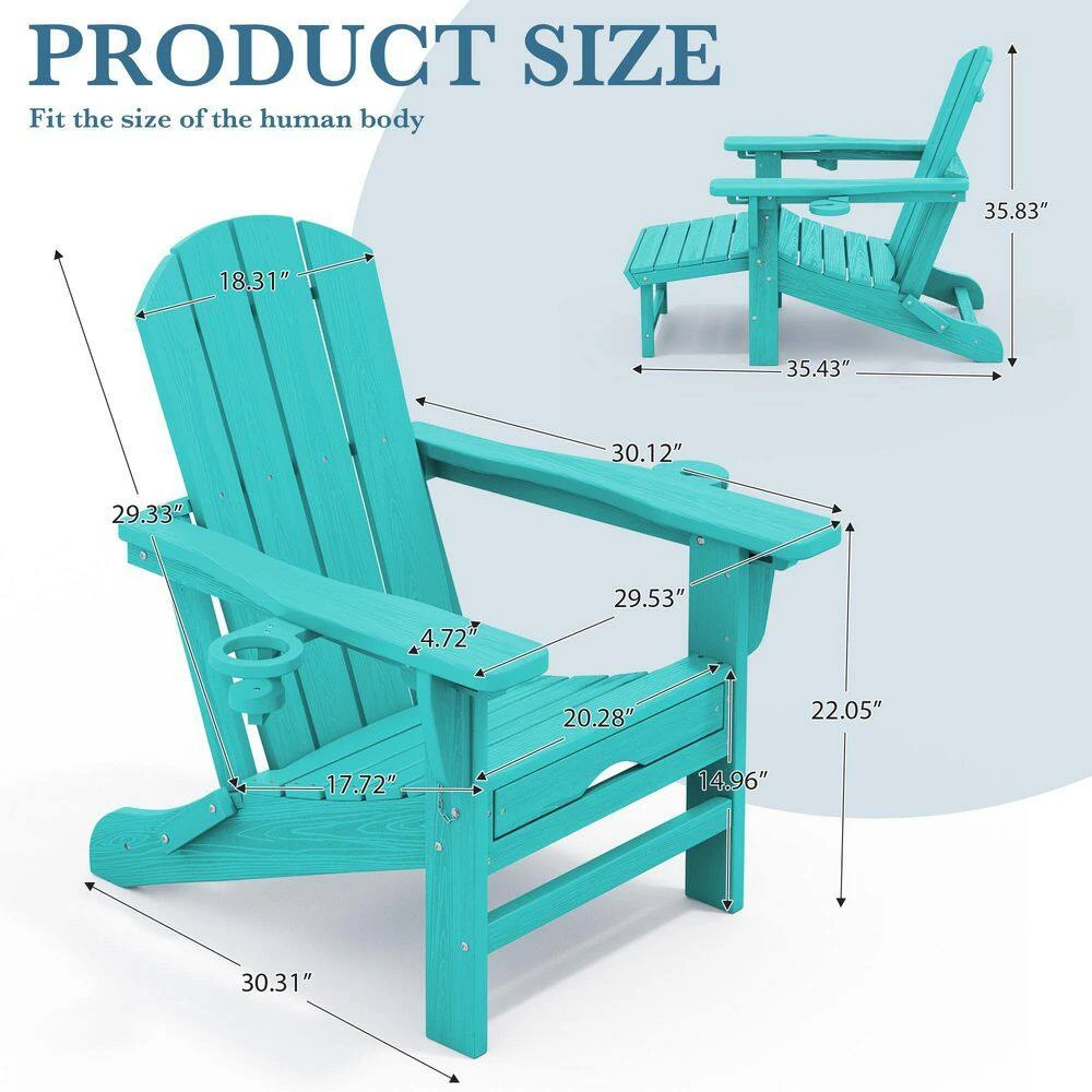 3-Level Adjustable Patio Folding Plastic Adirondack Chair With Retractable Ottoman, Cup And Phone Holders In Cyan 3 3-Level Adjustable Patio Folding Plastic Adirondack Chair With Retractable Ottoman, Cup And Phone Holders In Cyan - Image 3