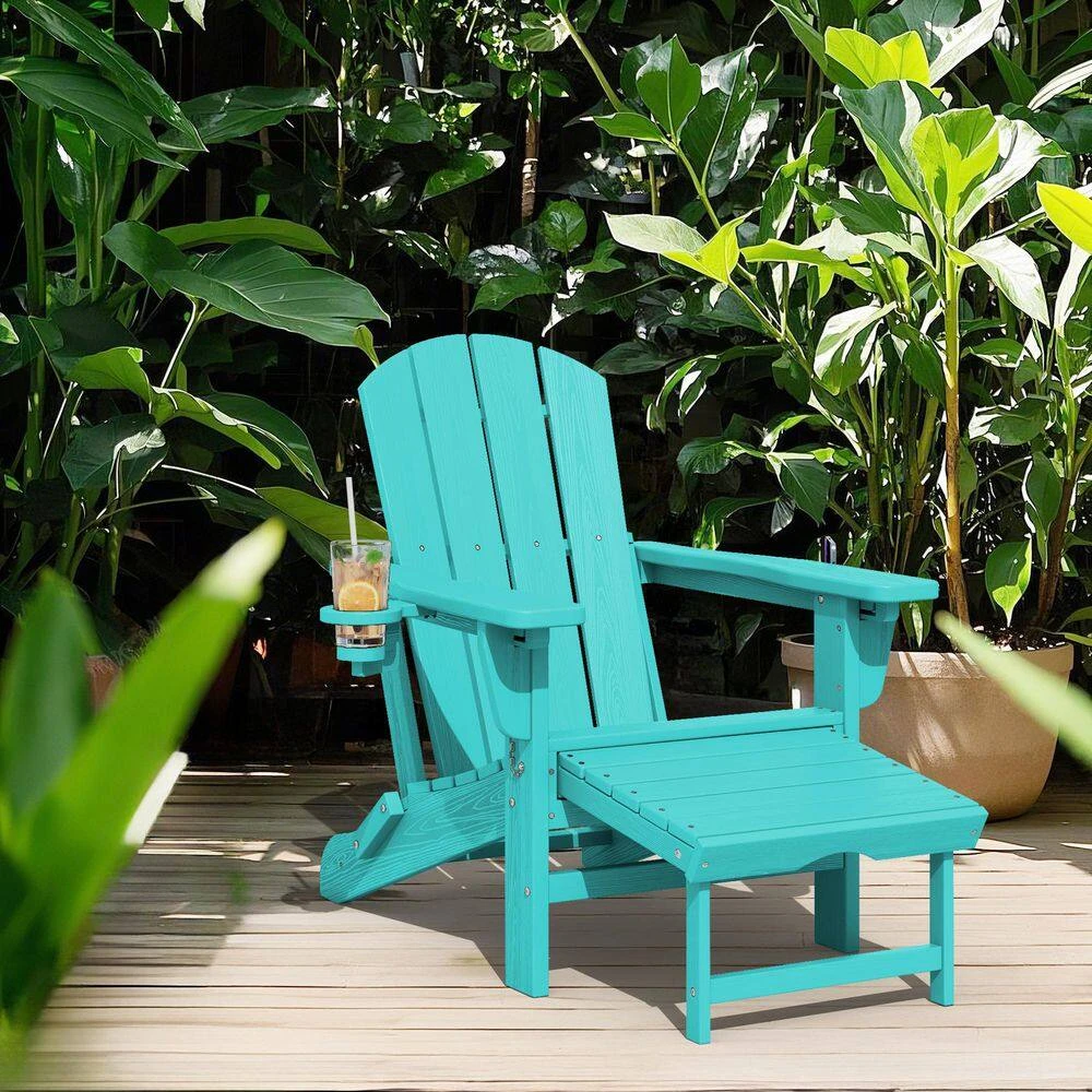 3-Level Adjustable Patio Folding Plastic Adirondack Chair With Retractable Ottoman, Cup And Phone Holders In Cyan 2 3-Level Adjustable Patio Folding Plastic Adirondack Chair With Retractable Ottoman, Cup And Phone Holders In Cyan - Image 2
