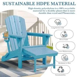 3-Level Adjustable Patio Folding Plastic Adirondack Chair With Retractable Ottoman, Cup And Phone Holders In Light Blue -More Furniture Store jearey plastic adirondack chairs clgjtjy lbl 1f 1000