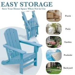 3-Level Adjustable Patio Folding Plastic Adirondack Chair With Retractable Ottoman, Cup And Phone Holders In Light Blue -More Furniture Store jearey plastic adirondack chairs clgjtjy lbl 4f 1000
