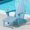 3-Level Adjustable Patio Folding Plastic Adirondack Chair With Retractable Ottoman, Cup And Phone Holders In Light Blue