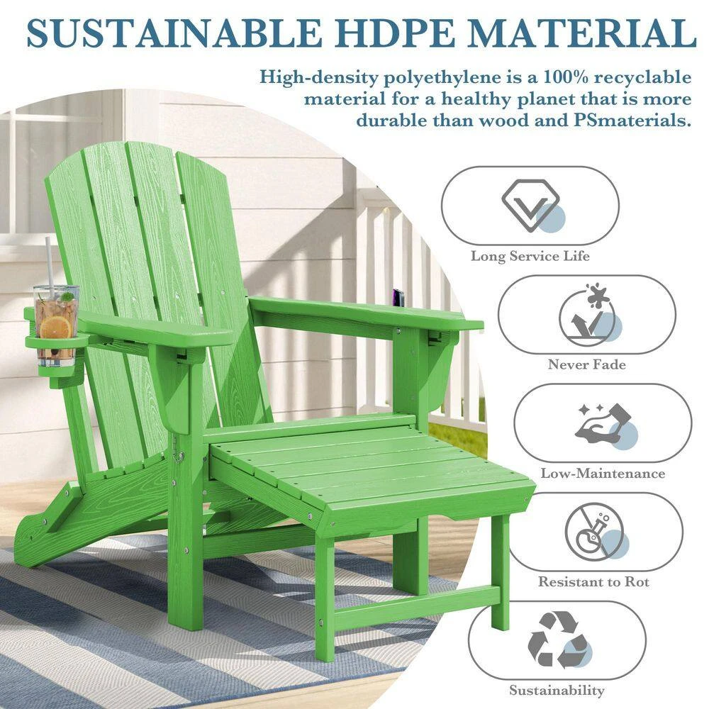 3-Level Adjustable Patio Folding Plastic Adirondack Chair With Retractable Ottoman, Cup And Phone Holders In Light Green 5 3-Level Adjustable Patio Folding Plastic Adirondack Chair With Retractable Ottoman, Cup And Phone Holders In Light Green - Image 5