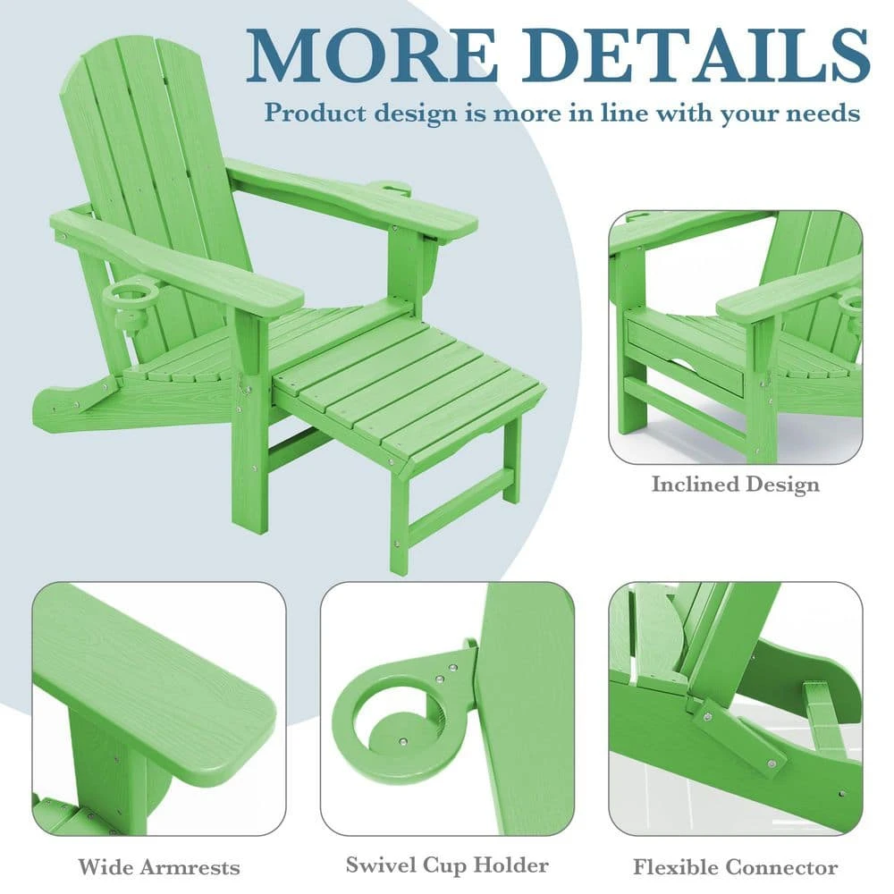 3-Level Adjustable Patio Folding Plastic Adirondack Chair With Retractable Ottoman, Cup And Phone Holders In Light Green 6 3-Level Adjustable Patio Folding Plastic Adirondack Chair With Retractable Ottoman, Cup And Phone Holders In Light Green - Image 6
