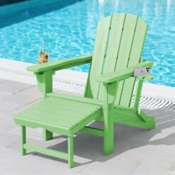 3-Level Adjustable Patio Folding Plastic Adirondack Chair With Retractable Ottoman, Cup And Phone Holders In Light Green