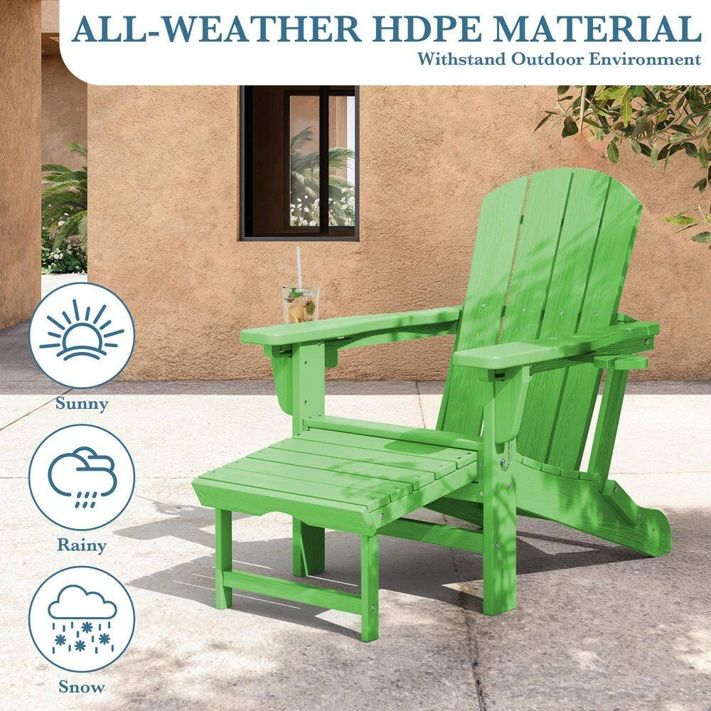 3-Level Adjustable Patio Folding Plastic Adirondack Chair With Retractable Ottoman, Cup And Phone Holders In Light Green 8 3-Level Adjustable Patio Folding Plastic Adirondack Chair With Retractable Ottoman, Cup And Phone Holders In Light Green - Image 8