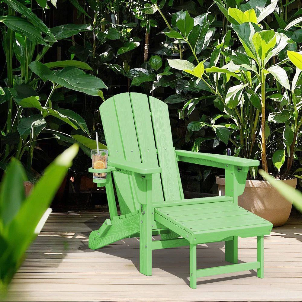 3-Level Adjustable Patio Folding Plastic Adirondack Chair With Retractable Ottoman, Cup And Phone Holders In Light Green 2 3-Level Adjustable Patio Folding Plastic Adirondack Chair With Retractable Ottoman, Cup And Phone Holders In Light Green - Image 2