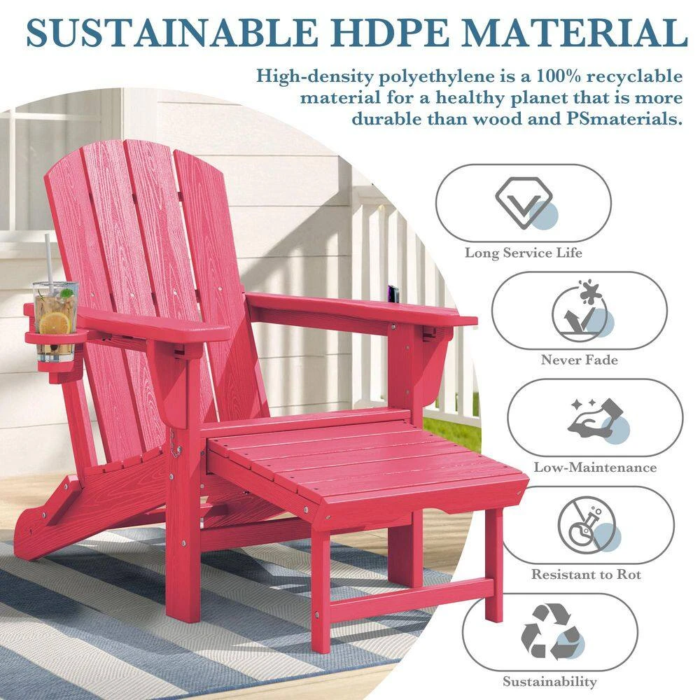 3-Level Adjustable Patio Folding Plastic Adirondack Chair With Retractable Ottoman, Cup And Phone Holders In Light Pink 5 3-Level Adjustable Patio Folding Plastic Adirondack Chair With Retractable Ottoman, Cup And Phone Holders In Light Pink - Image 5