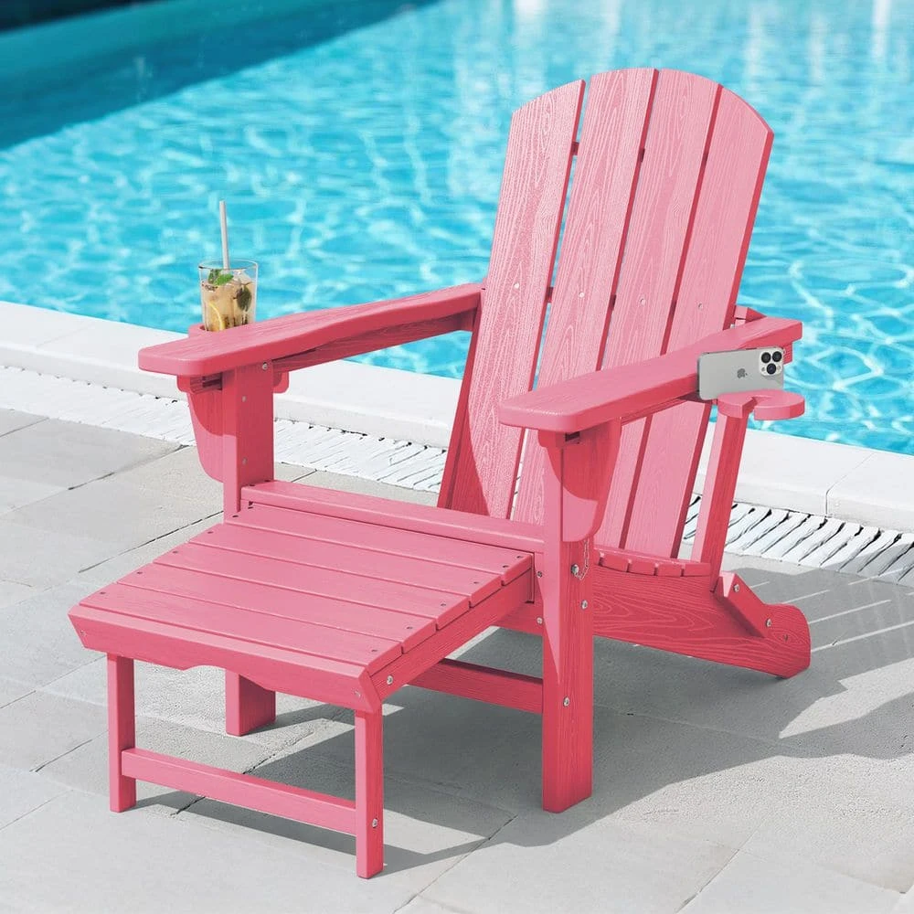 3-Level Adjustable Patio Folding Plastic Adirondack Chair With Retractable Ottoman, Cup And Phone Holders In Light Pink 1 3-Level Adjustable Patio Folding Plastic Adirondack Chair With Retractable Ottoman, Cup And Phone Holders In Light Pink