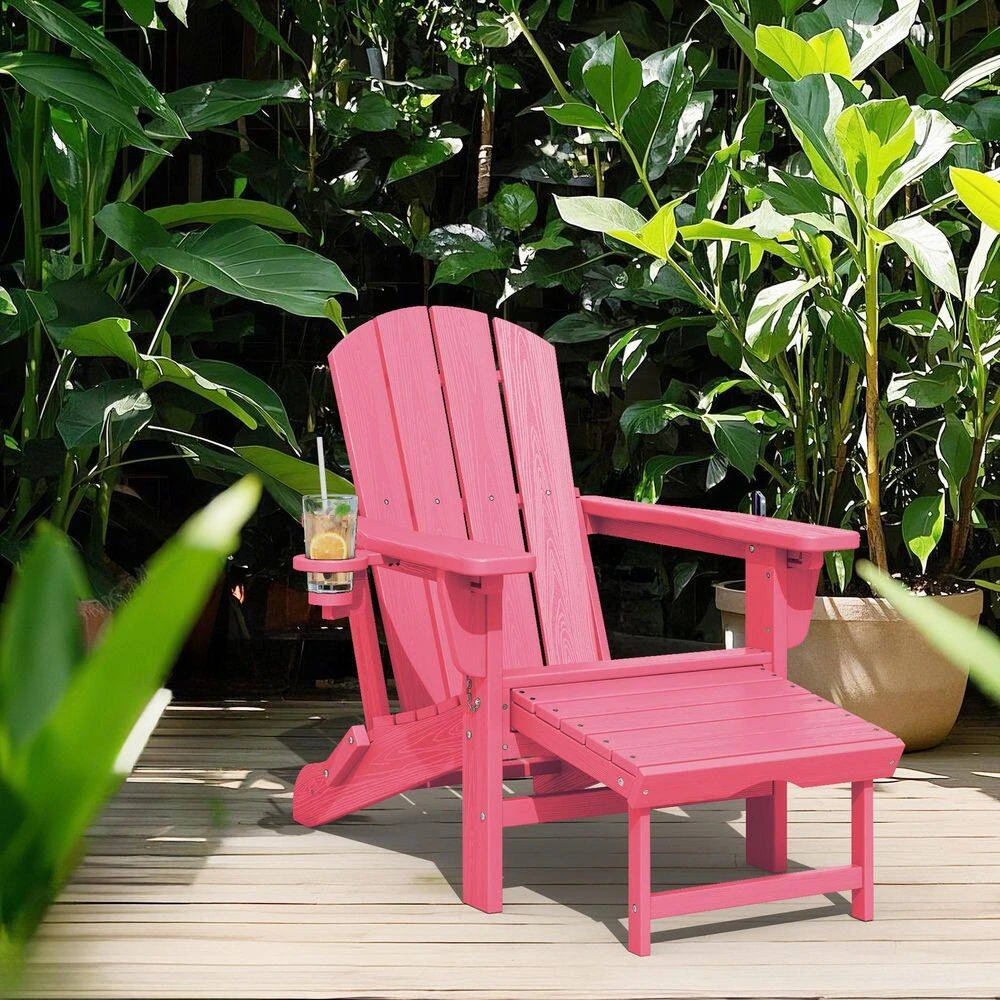 3-Level Adjustable Patio Folding Plastic Adirondack Chair With Retractable Ottoman, Cup And Phone Holders In Light Pink 2 3-Level Adjustable Patio Folding Plastic Adirondack Chair With Retractable Ottoman, Cup And Phone Holders In Light Pink - Image 2