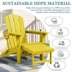 3-Level Adjustable Patio Folding Plastic Adirondack Chair With Retractable Ottoman, Cup And Phone Holders In Yellow -More Furniture Store jearey plastic adirondack chairs clgjtjy nmh 1f 1000