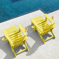 3-Level Adjustable Patio Folding Plastic Adirondack Chair With Retractable Ottoman, Cup And Phone Holders In Yellow -More Furniture Store jearey plastic adirondack chairs clgjtjy nmh 31 1000