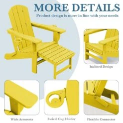 3-Level Adjustable Patio Folding Plastic Adirondack Chair With Retractable Ottoman, Cup And Phone Holders In Yellow -More Furniture Store jearey plastic adirondack chairs clgjtjy nmh 44 1000