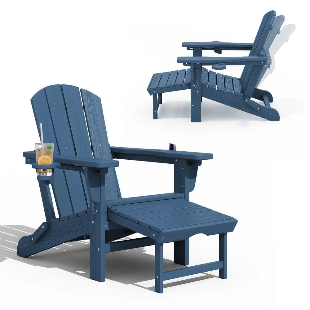 3-Level Adjustable Patio Folding Plastic Adirondack Chair With Retractable Ottoman, Cup And Phone Holders In Navy 3 3-Level Adjustable Patio Folding Plastic Adirondack Chair With Retractable Ottoman, Cup And Phone Holders In Navy - Image 3