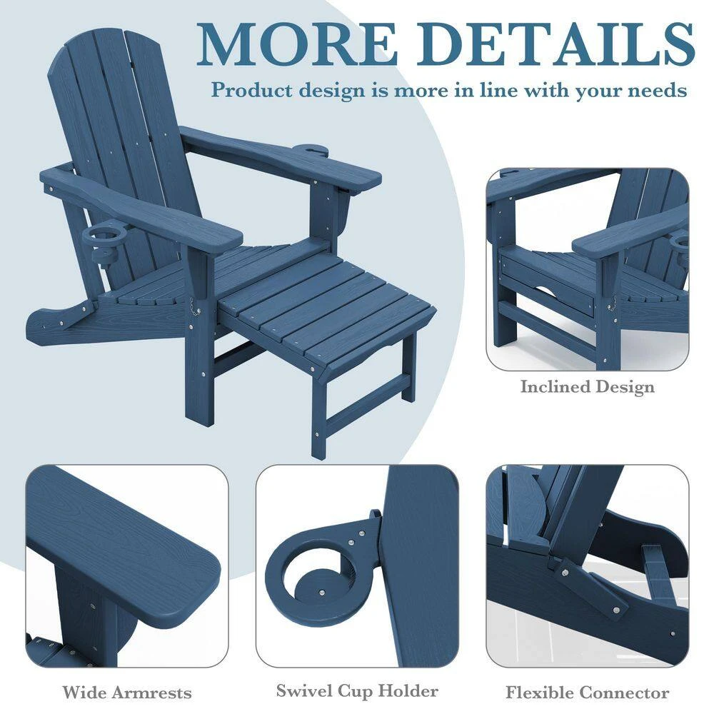 3-Level Adjustable Patio Folding Plastic Adirondack Chair With Retractable Ottoman, Cup And Phone Holders In Navy 7 3-Level Adjustable Patio Folding Plastic Adirondack Chair With Retractable Ottoman, Cup And Phone Holders In Navy - Image 7
