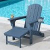 3-Level Adjustable Patio Folding Plastic Adirondack Chair With Retractable Ottoman, Cup And Phone Holders In Navy