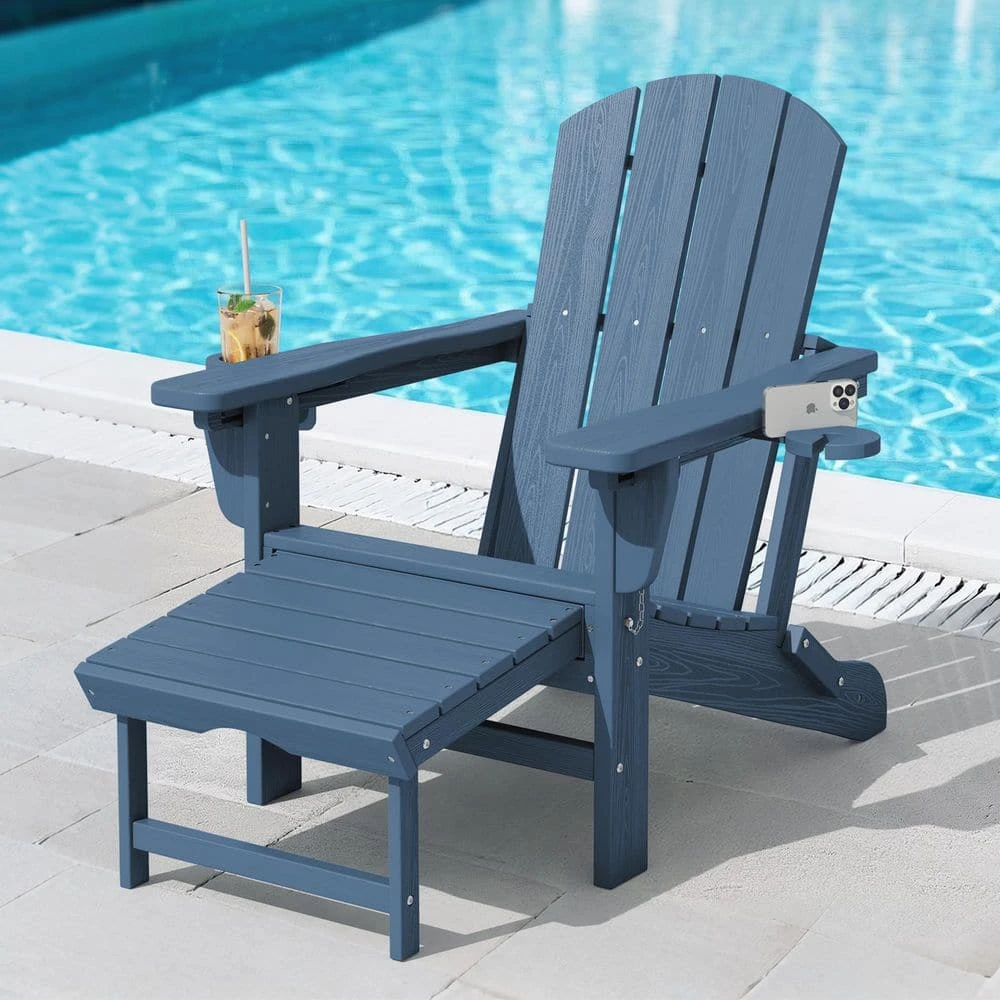 3-Level Adjustable Patio Folding Plastic Adirondack Chair With Retractable Ottoman, Cup And Phone Holders In Navy 1 3-Level Adjustable Patio Folding Plastic Adirondack Chair With Retractable Ottoman, Cup And Phone Holders In Navy