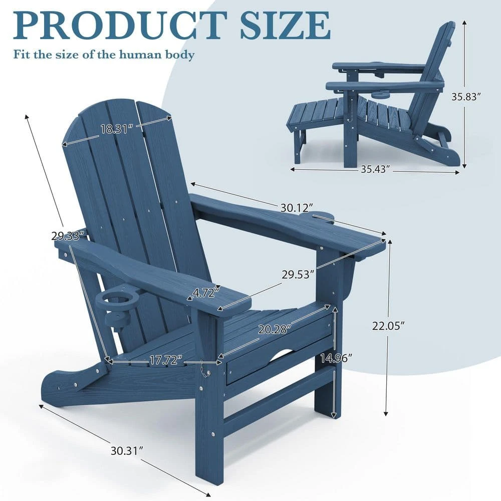 3-Level Adjustable Patio Folding Plastic Adirondack Chair With Retractable Ottoman, Cup And Phone Holders In Navy 4 3-Level Adjustable Patio Folding Plastic Adirondack Chair With Retractable Ottoman, Cup And Phone Holders In Navy - Image 4
