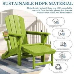3-Level Adjustable Patio Folding Plastic Adirondack Chair With Retractable Ottoman, Cup And Phone Holders In Apple Green -More Furniture Store jearey plastic adirondack chairs clgjtjy pgl 1f 1000