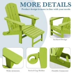 3-Level Adjustable Patio Folding Plastic Adirondack Chair With Retractable Ottoman, Cup And Phone Holders In Apple Green -More Furniture Store jearey plastic adirondack chairs clgjtjy pgl 44 1000