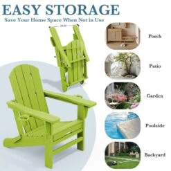3-Level Adjustable Patio Folding Plastic Adirondack Chair With Retractable Ottoman, Cup And Phone Holders In Apple Green -More Furniture Store jearey plastic adirondack chairs clgjtjy pgl 4f 1000