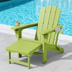 3-Level Adjustable Patio Folding Plastic Adirondack Chair With Retractable Ottoman, Cup And Phone Holders In Apple Green
