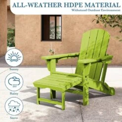 3-Level Adjustable Patio Folding Plastic Adirondack Chair With Retractable Ottoman, Cup And Phone Holders In Apple Green -More Furniture Store jearey plastic adirondack chairs clgjtjy pgl 76 1000