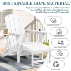 3-Level Adjustable Patio Folding Plastic Adirondack Chair With Retractable Ottoman, Cup And Phone Holders In White -More Furniture Store jearey plastic adirondack chairs clgjtjy we 1f 1000