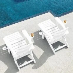 3-Level Adjustable Patio Folding Plastic Adirondack Chair With Retractable Ottoman, Cup And Phone Holders In White -More Furniture Store jearey plastic adirondack chairs clgjtjy we 31 1000