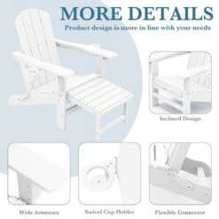 3-Level Adjustable Patio Folding Plastic Adirondack Chair With Retractable Ottoman, Cup And Phone Holders In White -More Furniture Store jearey plastic adirondack chairs clgjtjy we 44 1000
