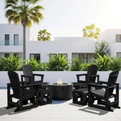 Black Outdoor All-Weather HDPE Plastic Rocking Adirondack Chair With Coordinated Gliding Footrest -More Furniture Store jearey plastic adirondack chairs drybqwy bk 31 1000