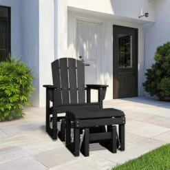 Black Outdoor All-Weather HDPE Plastic Rocking Adirondack Chair With Coordinated Gliding Footrest