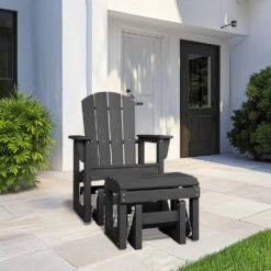 Gray Outdoor All-Weather HDPE Plastic Rocking Adirondack Chair With Coordinated Gliding Footrest -More Furniture Store jearey plastic adirondack chairs drybqwy gr de 1000