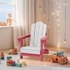 Children HDPE Folding All-Weather Adirondack Chair With Ergonomic And Safe Design, Pink/White
