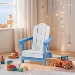 Children HDPE Folding All-Weather Adirondack Chair With Ergonomic And Safe Design, Blue/White -More Furniture Store jearey plastic adirondack chairs etydy lb 76 1000