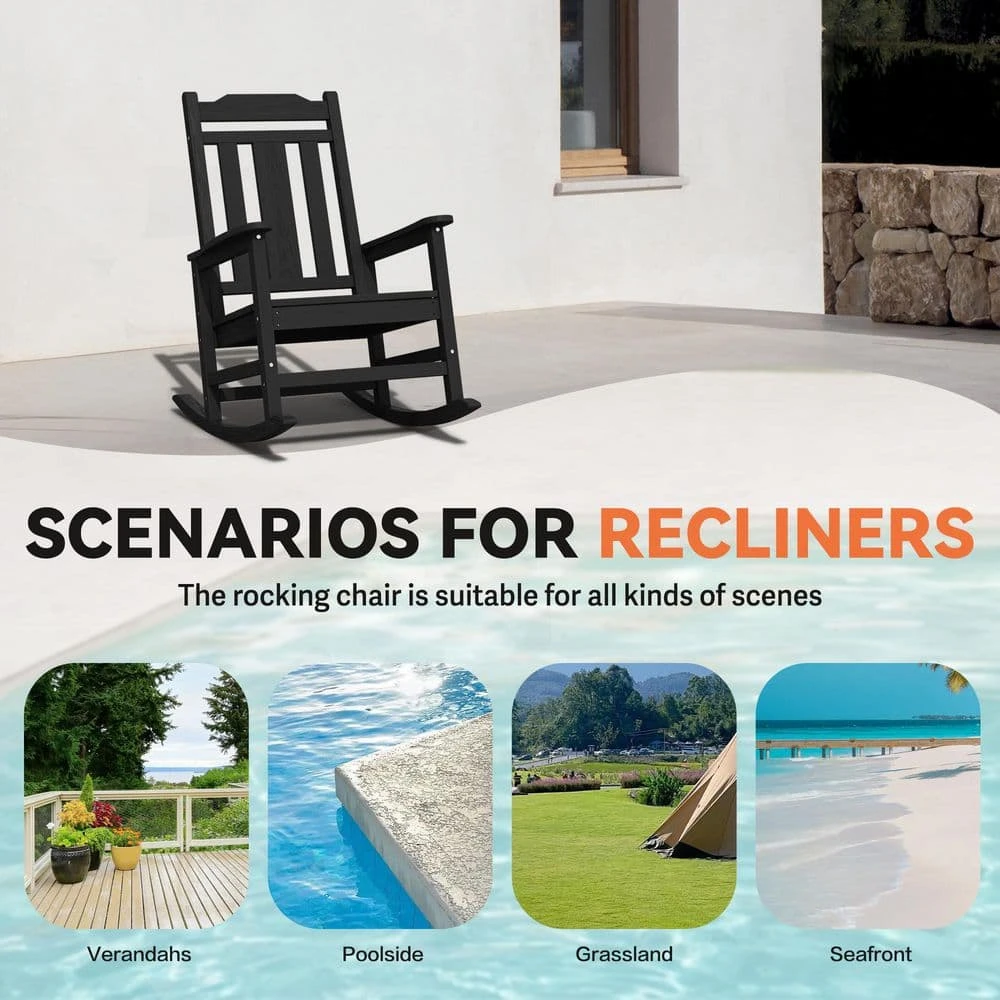 Black HDPE Plastic Adirondack Chair Outdoor Rocking Chair For Patio And Garden (1-Pack) 3 Black HDPE Plastic Adirondack Chair Outdoor Rocking Chair For Patio And Garden (1-Pack) - Image 3