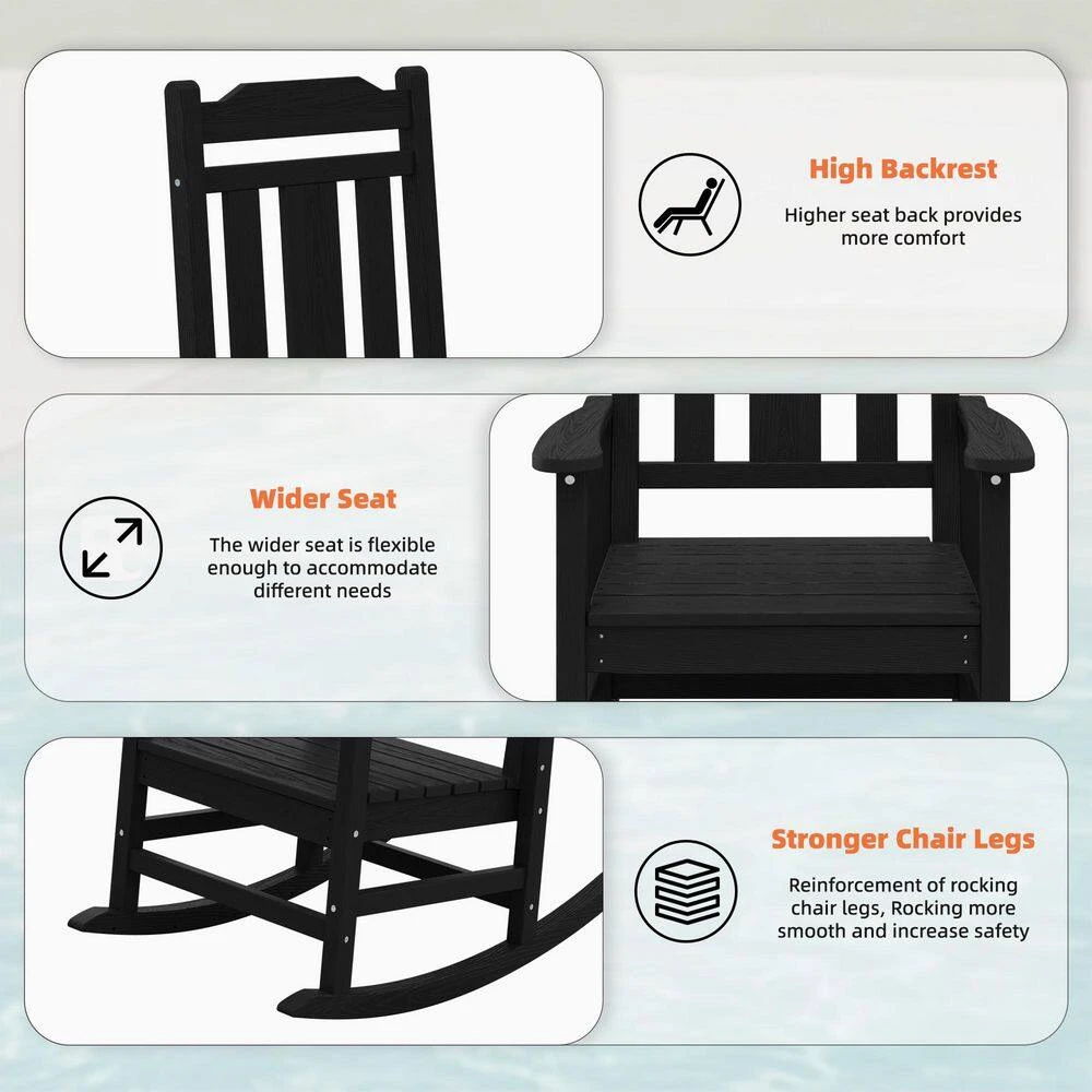 Black HDPE Plastic Adirondack Chair Outdoor Rocking Chair For Patio And Garden (1-Pack) 2 Black HDPE Plastic Adirondack Chair Outdoor Rocking Chair For Patio And Garden (1-Pack) - Image 2