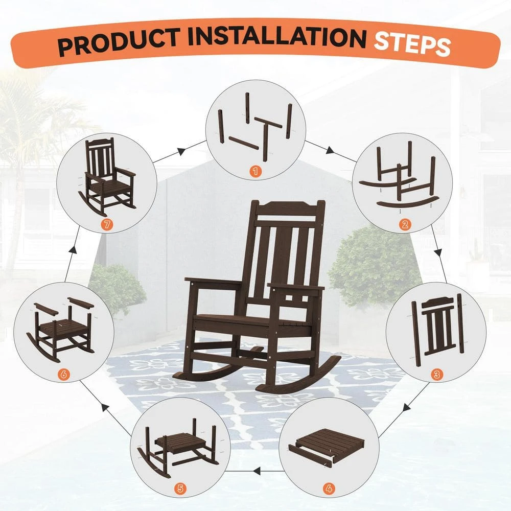 Coffee HDPE Plastic Adirondack Chair Outdoor Rocking Chair For Patio And Garden (Set Of 1) 4 Coffee HDPE Plastic Adirondack Chair Outdoor Rocking Chair For Patio And Garden (Set Of 1) - Image 4