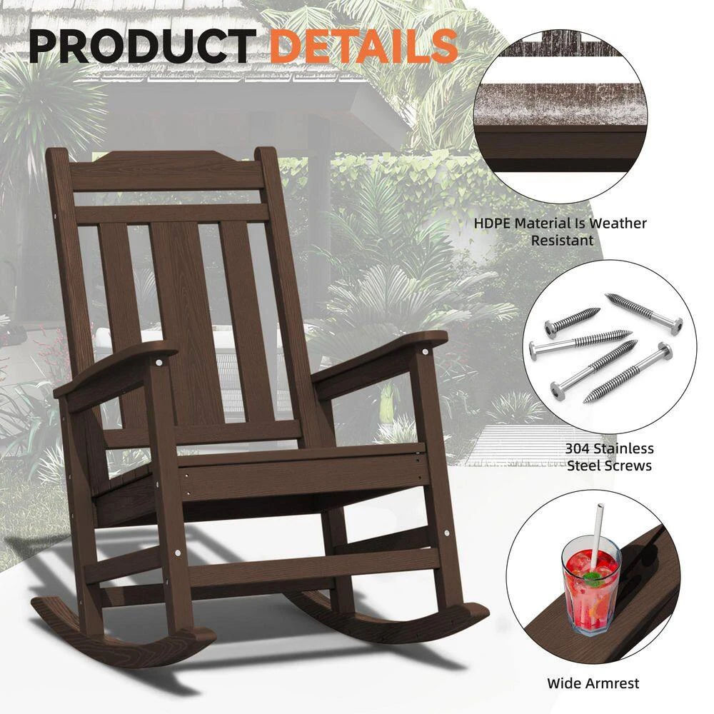 Coffee HDPE Plastic Adirondack Chair Outdoor Rocking Chair For Patio And Garden (Set Of 1) 5 Coffee HDPE Plastic Adirondack Chair Outdoor Rocking Chair For Patio And Garden (Set Of 1) - Image 5