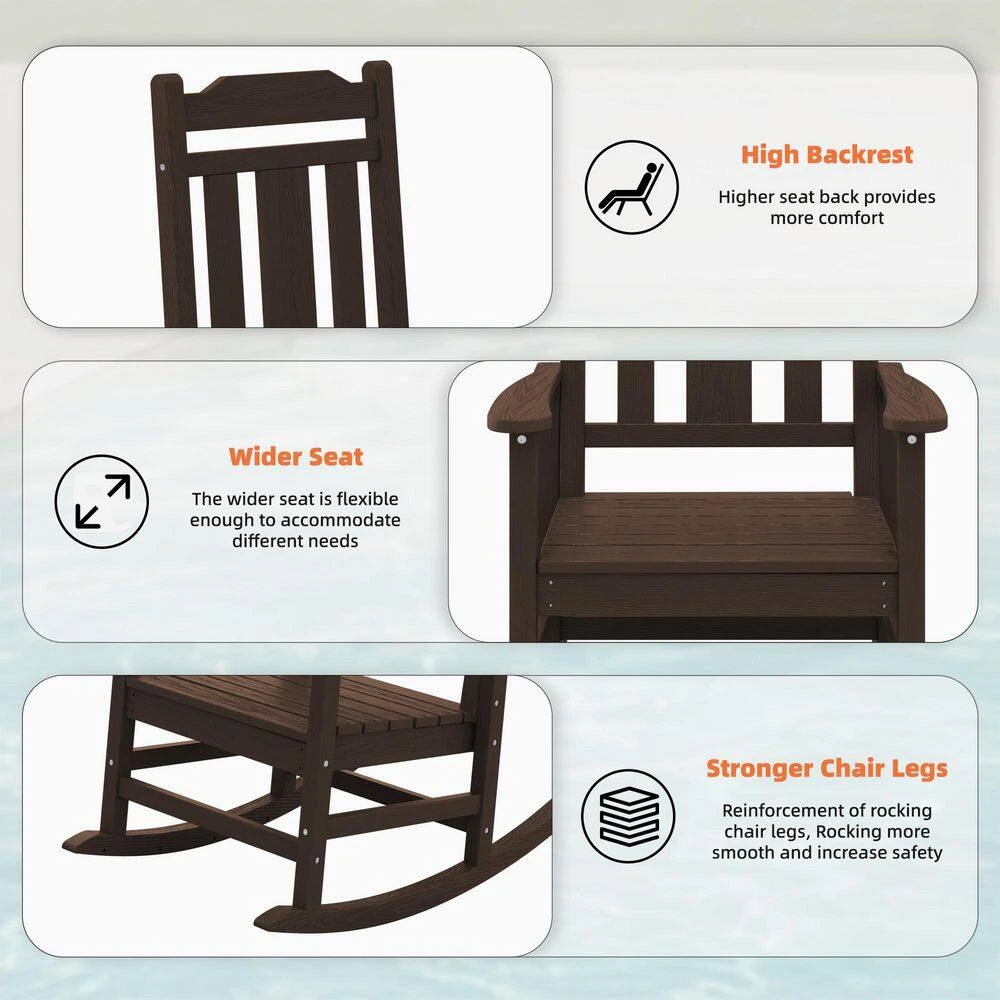 Coffee HDPE Plastic Adirondack Chair Outdoor Rocking Chair For Patio And Garden (Set Of 1) 2 Coffee HDPE Plastic Adirondack Chair Outdoor Rocking Chair For Patio And Garden (Set Of 1) - Image 2
