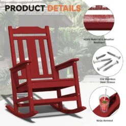 Dark Red HDPE Plastic Adirondack Chair Outdoor Rocking Chair For Patio And Garden (1-Pack) -More Furniture Store jearey plastic adirondack chairs jctrty dark red 44 1000